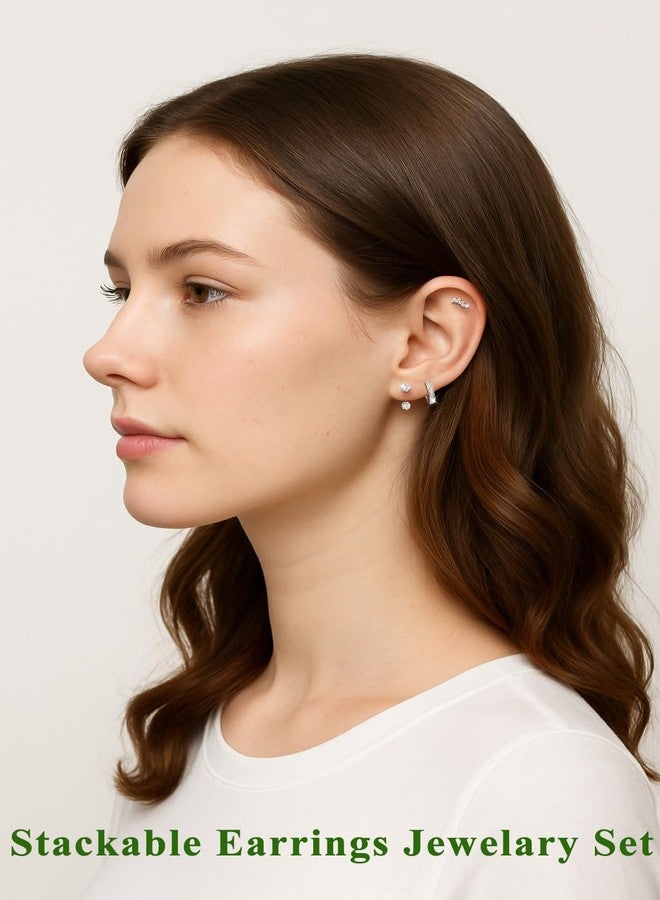 davka 3 Pairs Silver Hoop and Stud Earrings for Women, Hypoallergenic Stainless Steel Hoop Earrings with CZ, Dainty Stackable Earrings for Multiple Piercings and Cartilage Jewelry Christmas Gift - Image 2